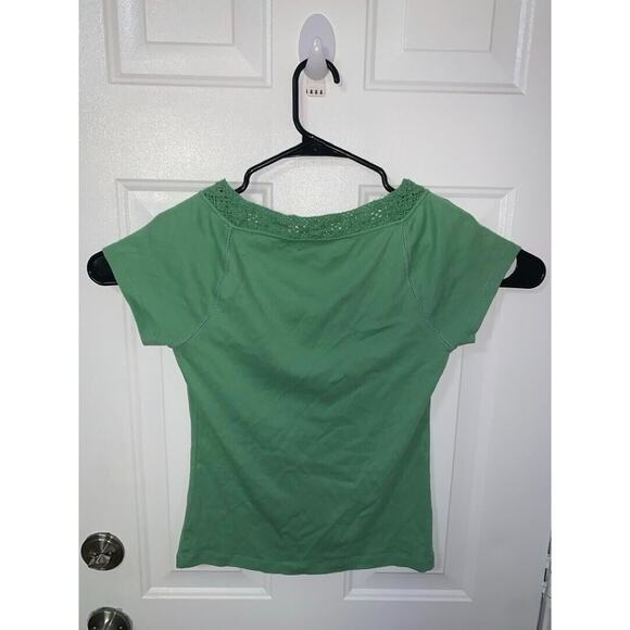Chaps Denim Womens Green Short Sleeve Crochet Neck Top M - Picture 2 of 3